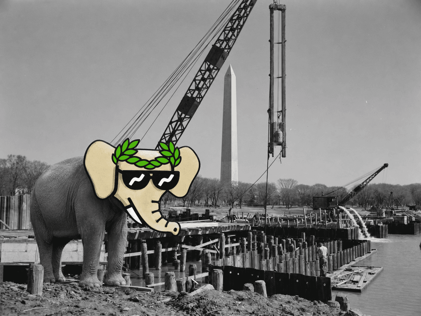 A real elephant with a full color laurel wreath Wally NFT head at a 1943 bridge construction site