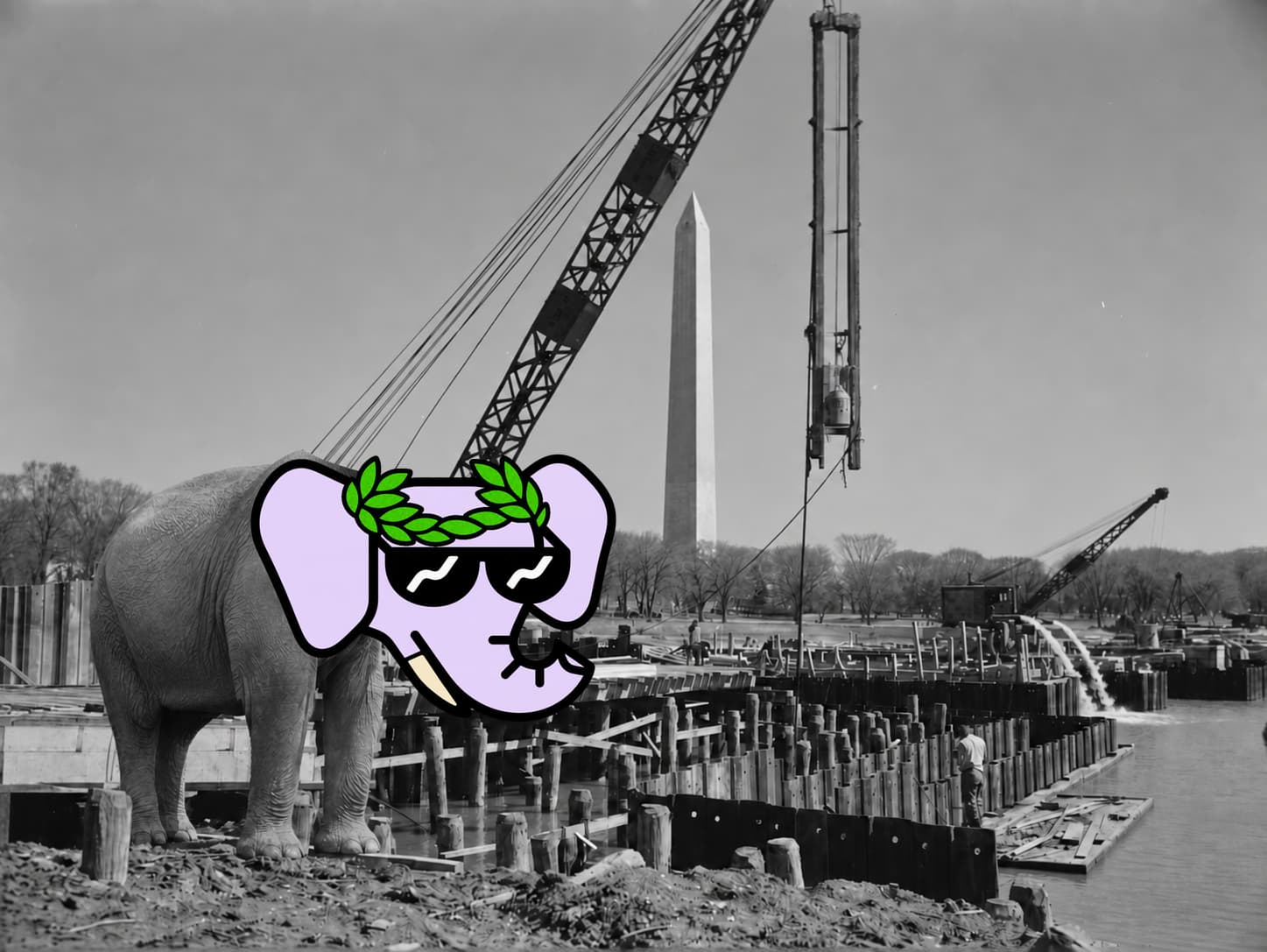 A real elephant with a lilac laurel wreath Wally NFT head at a 1943 bridge construction site