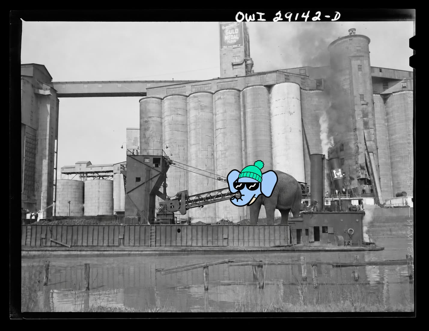 A real elephant with a blue Wally NFT head in a turquoise beanie beside grain elevators in 1943