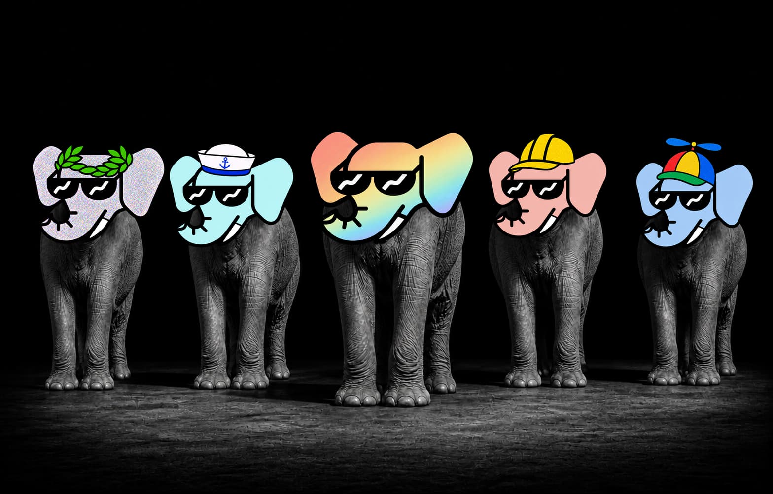 Five real black and white elephants with distinct full color Wally NFT heads, led by Rainbow Wally