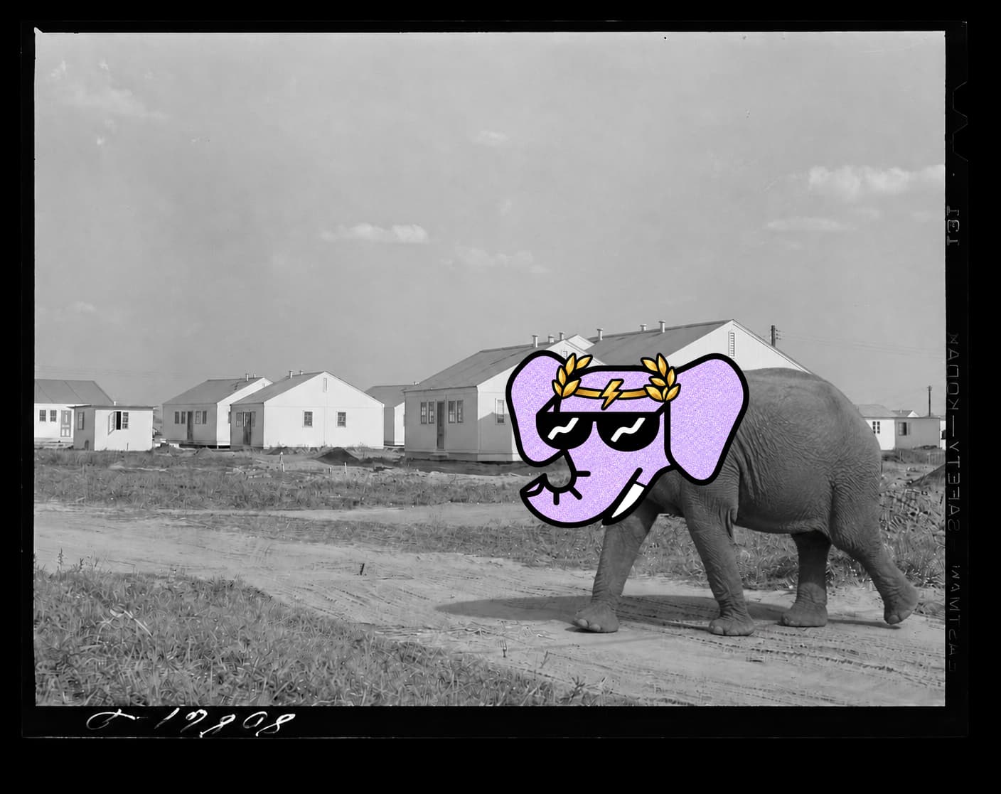 A real elephant with a lavender glitter Wally NFT head with a gold crown near prefabricated housing in 1941