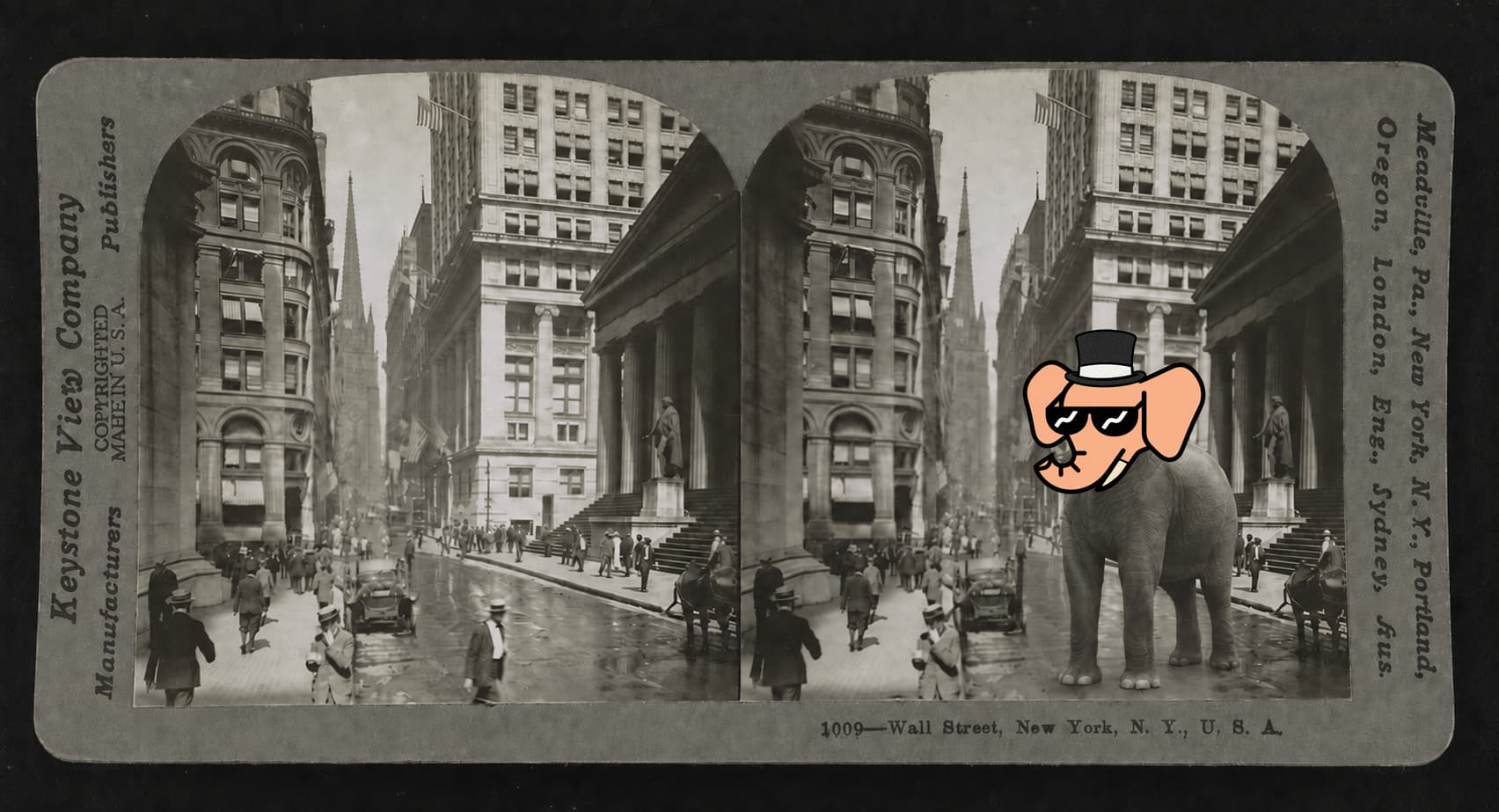 A real elephant with a full color top hat Wally NFT head on Wall Street in 1917