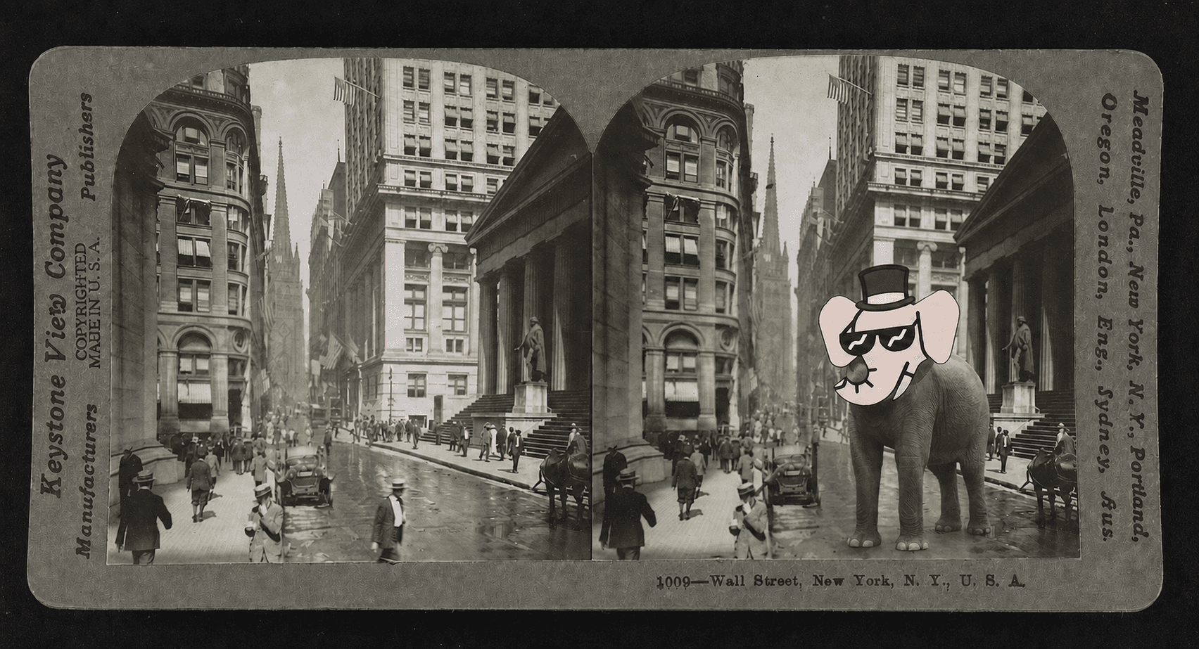 A real elephant with a full color top hat Wally NFT head on Wall Street in 1917
